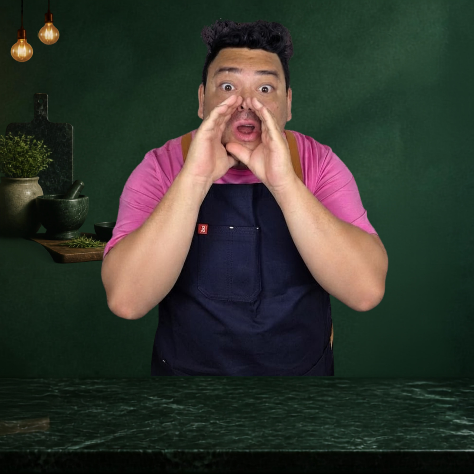 Playful portrait of Chef Julio Machado speaking with his hands around his mouth
