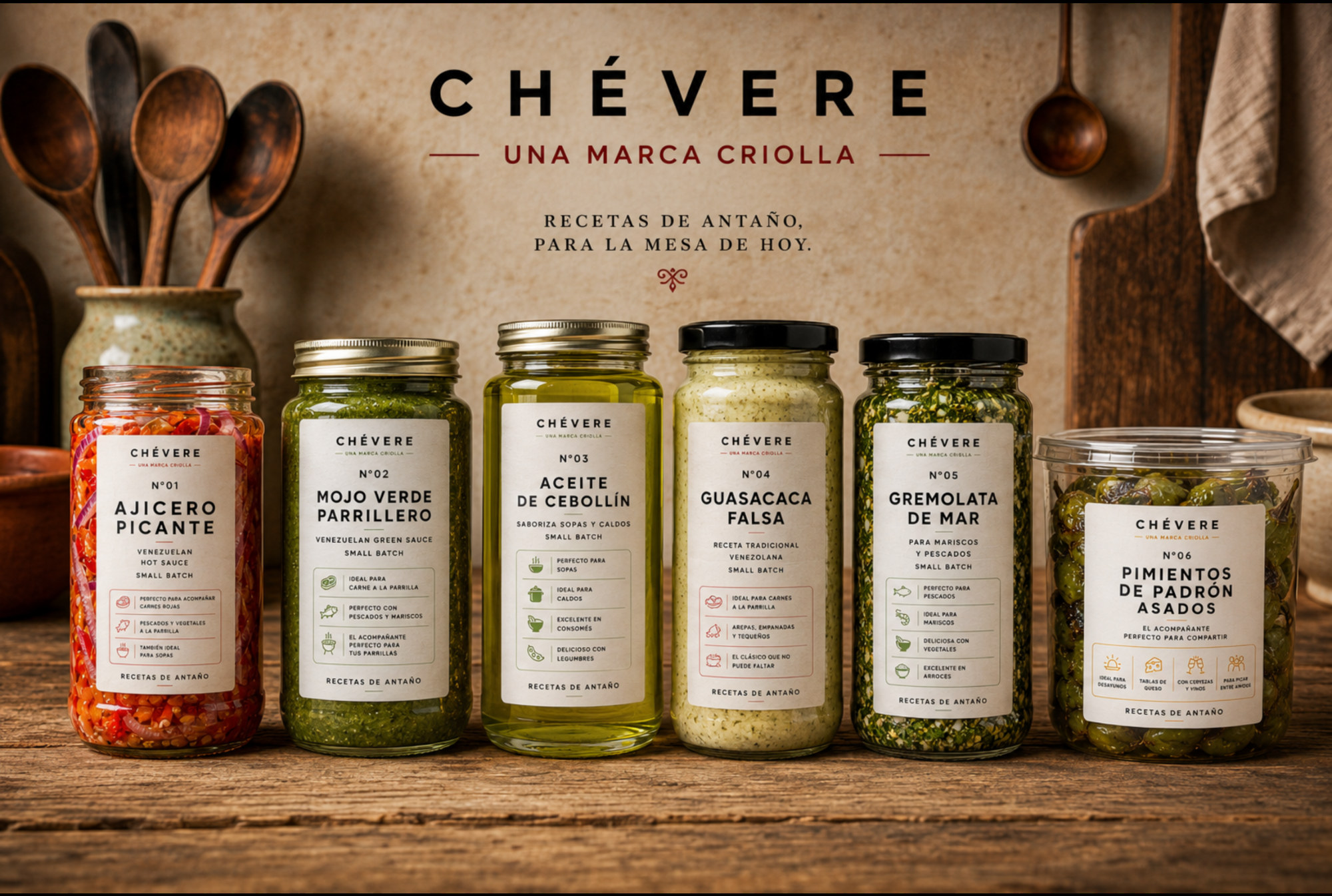 Chévere Venezuelan pantry product collection, creative presentation